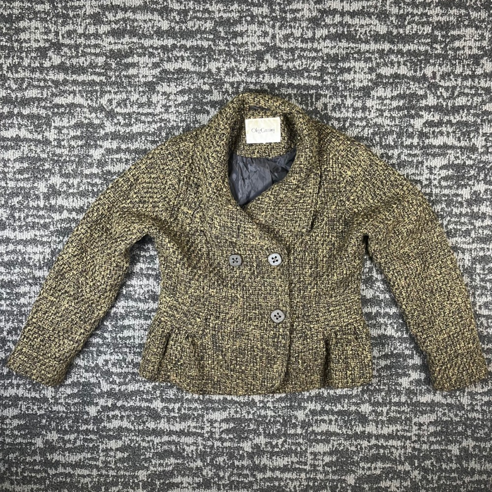 Oleg Cassini Peplum Jacket Womens Gold Black Tweed Wool Blend Blazer 6793BS-29